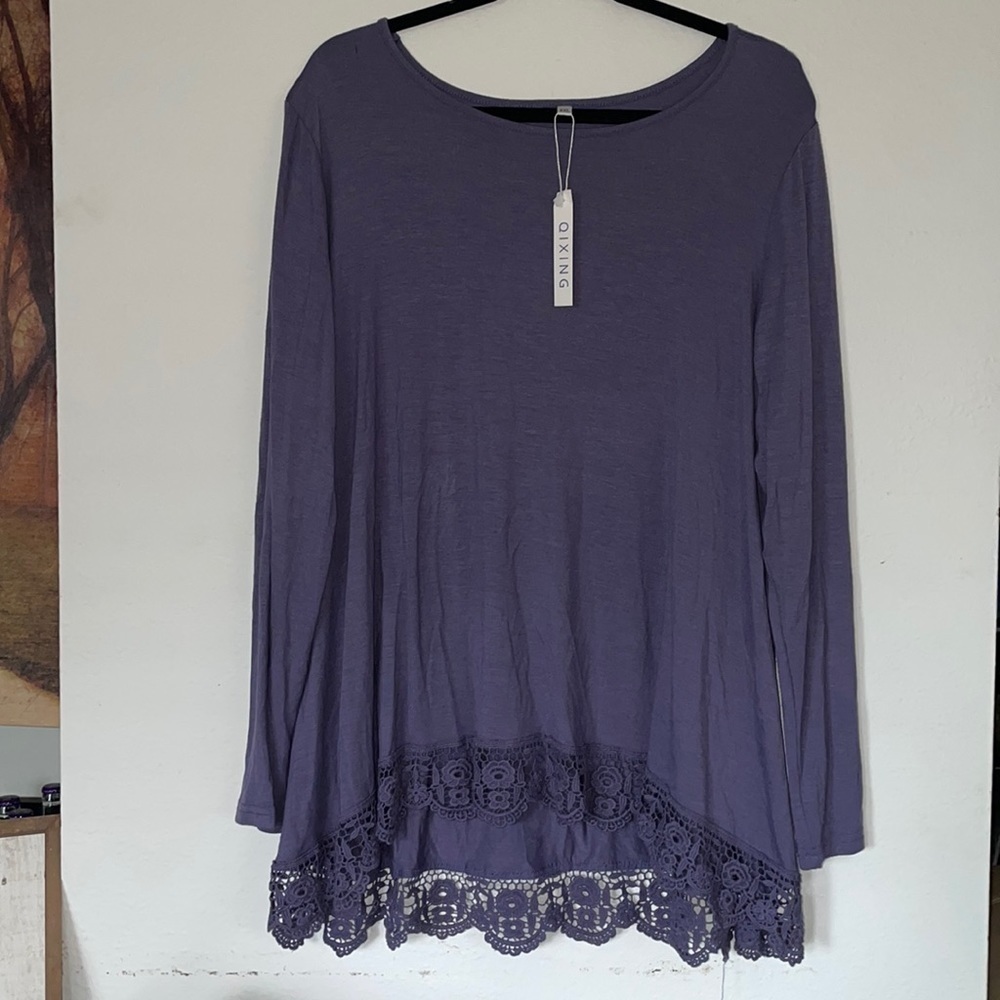 Qixing Purple Long Sleeve Lace Tunic Top
